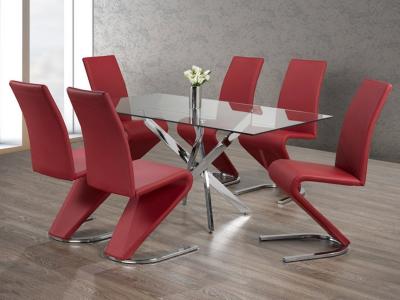 7 PC Dining Table Set W/Red Chairs by Midha's Furniture Serving Brampton, Mississauga, Etobicoke, Toronto, Scraborough, Caledon, Cambridge, Oakville, Markham, Ajax, Pickering, Oshawa, Richmondhill, Kitchener, Hamilton and GTA area