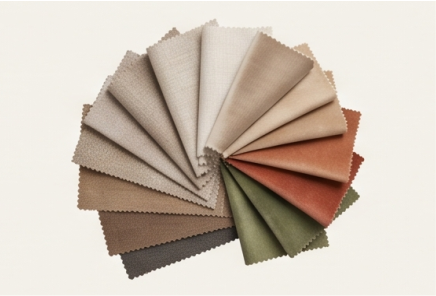 Fan display of premium upholstery fabric swatches in neutral and modern colours, showcasing 100+ Premium Fabrics available at Midha's Furniture Gallery Ontario in Brampton, Mississauga, Scarborough, Cambridge, and London.