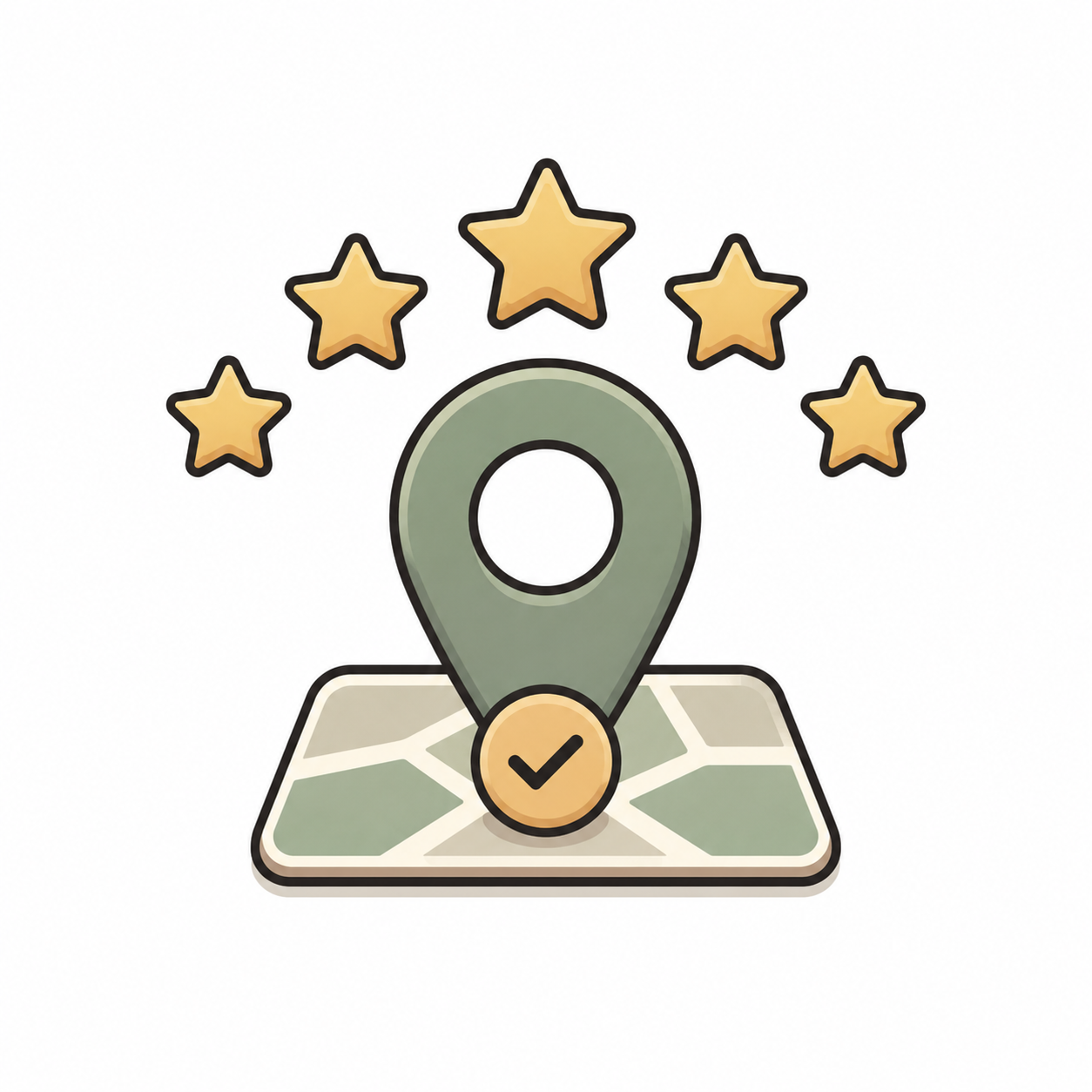 Illustration of a map location pin with five gold stars, representing 5-star Rated Locally at Midha's Furniture Gallery across Brampton, Mississauga, Scarborough, Cambridge, and London.