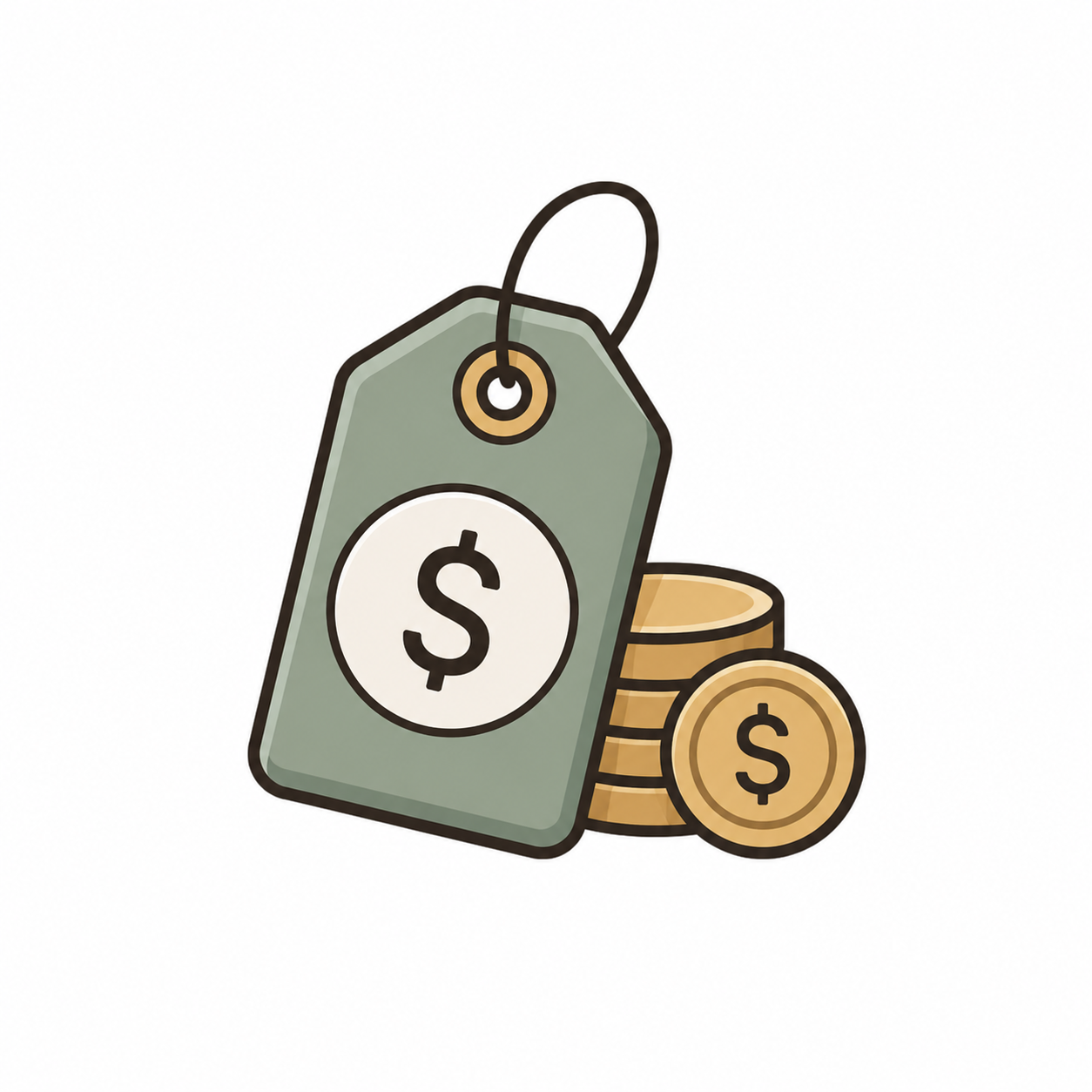 Illustration of a price tag and coins representing Affordable Prices at Midha's Furniture Gallery, serving Brampton, Mississauga, Scarborough, Cambridge, and London, Ontario.