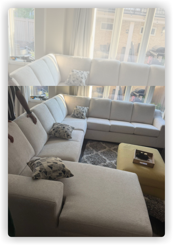 Customer-installed cream U-shaped sectional sofa in a bright family living room, highlighting Another Verified Buyers Review from Midha's Furniture Gallery Ontario, proudly serving Brampton, Mississauga, Scarborough, Cambridge, and London.
