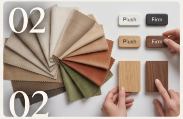 Fabric swatches, wood finish samples, and plush or firm comfort options representing Customize Details at Midha's Furniture Gallery Ontario, serving Brampton, Mississauga, Scarborough, Cambridge, and London.