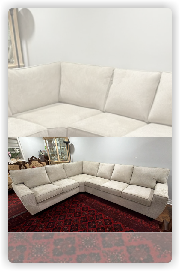 Customer-installed cream L-shaped sectional sofa in a beautifully furnished living room, showcasing David & Priya L., Verified Buyers Review from Midha's Furniture Gallery Ontario, serving Brampton, Mississauga, Scarborough, Cambridge, and London.