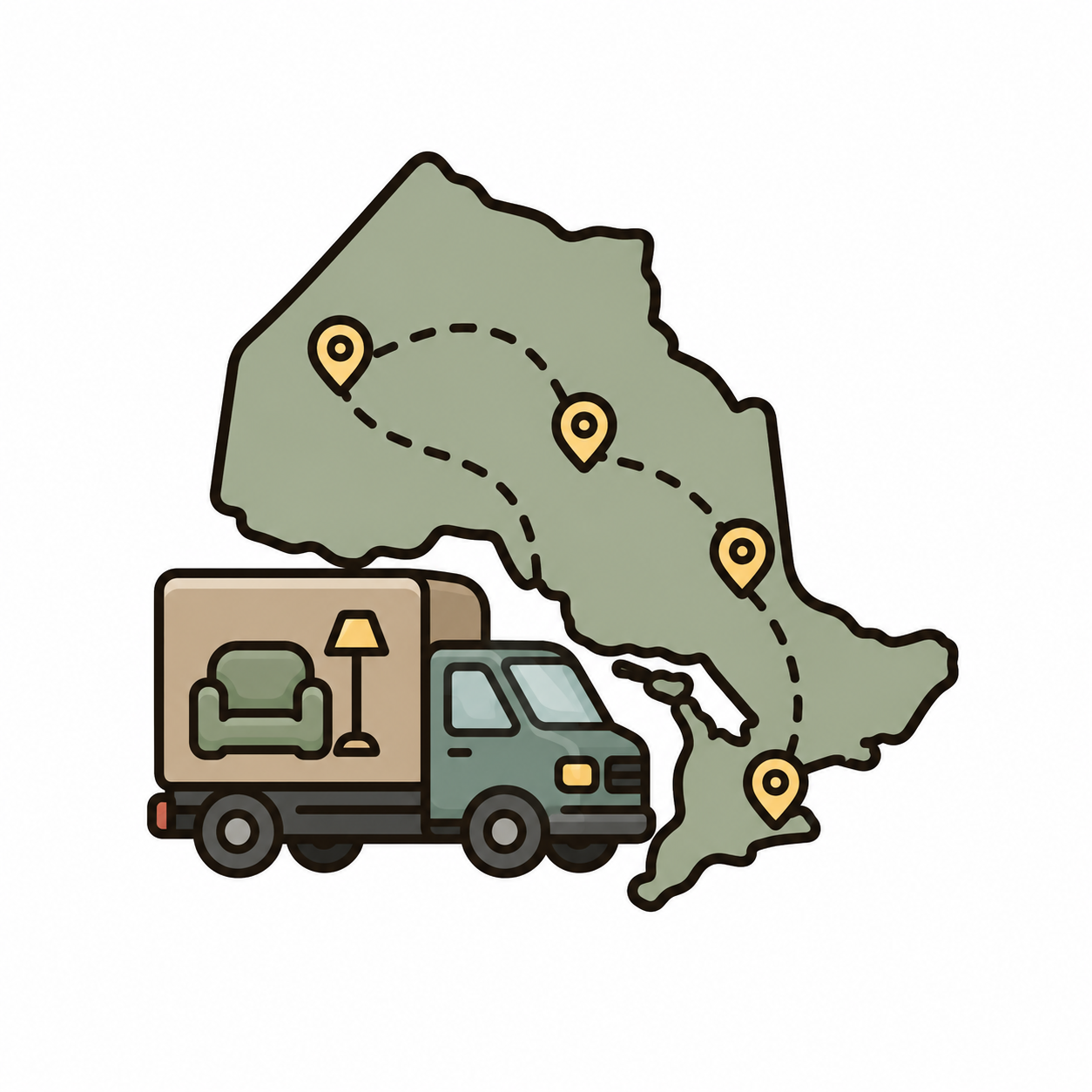 Illustration of a furniture delivery truck and Ontario map highlighting Fast Delivery at Midha's Furniture Gallery, serving Brampton, Mississauga, Scarborough, Cambridge, and London.