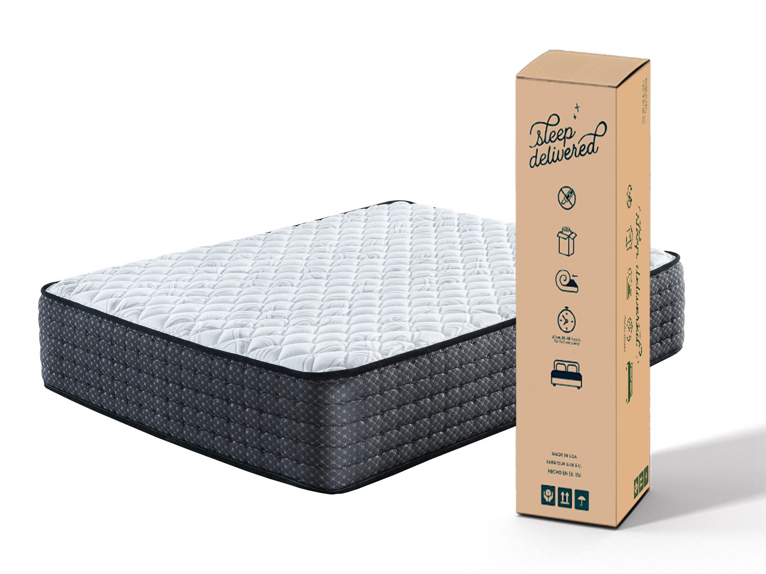 Premium mattress with quilted top and mattress-in-a-box packaging, showcasing Explore Quality Mattresses at Midha's Furniture Gallery London Store in London, Ontario.