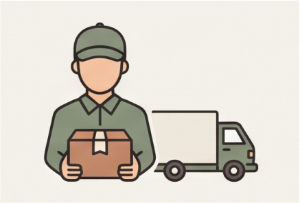 Illustration of a delivery professional holding a package beside a delivery truck, representing Fast Delivery from Midha's Furniture Gallery Ontario, serving Brampton, Mississauga, Scarborough, Cambridge, and London.