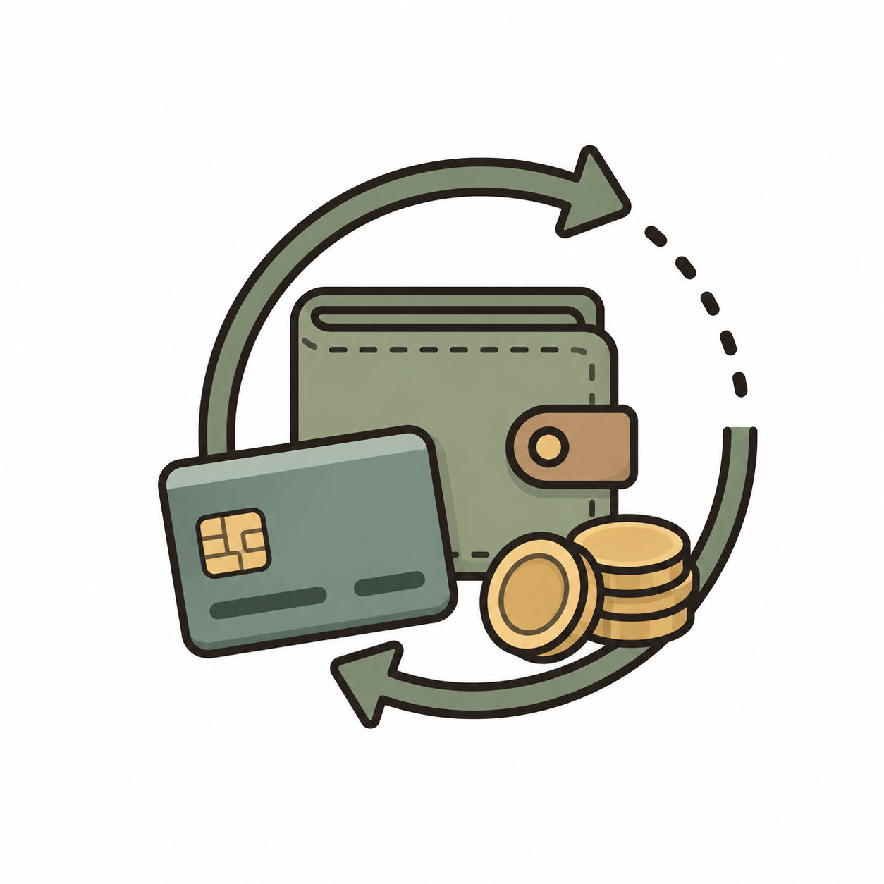 Illustration of a wallet, payment card, coins, and circular arrows representing 0% Interest Financing at Midha's Furniture Gallery for customers in Brampton, Mississauga, Scarborough, Cambridge, and London, Ontario.