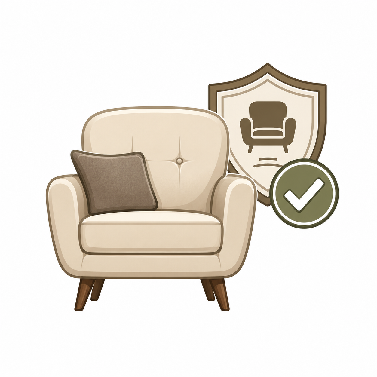 Illustration of an armchair with a quality assurance shield representing Furniture Experts at Midha's Furniture Gallery, serving Brampton, Mississauga, Scarborough, Cambridge, and London, Ontario.