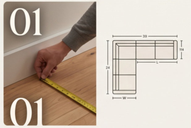 Illustration of measuring a room with a tape measure alongside a sectional sofa layout, highlighting Measure & Select at Midha's Furniture Gallery Ontario, serving Brampton, Mississauga, Scarborough, Cambridge, and London.
