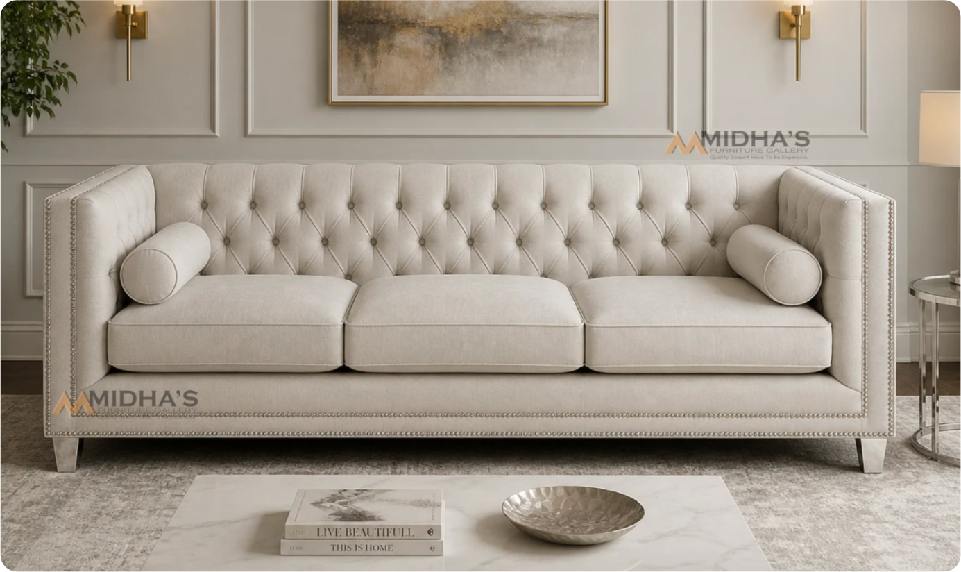 Elegant cream three-seat sofa with diamond button tufting, nailhead trim, bolster cushions, and metallic legs, highlighting Need Expert Advice from Midha's Furniture Gallery Ontario in Brampton, Mississauga, Scarborough, Cambridge, and London.