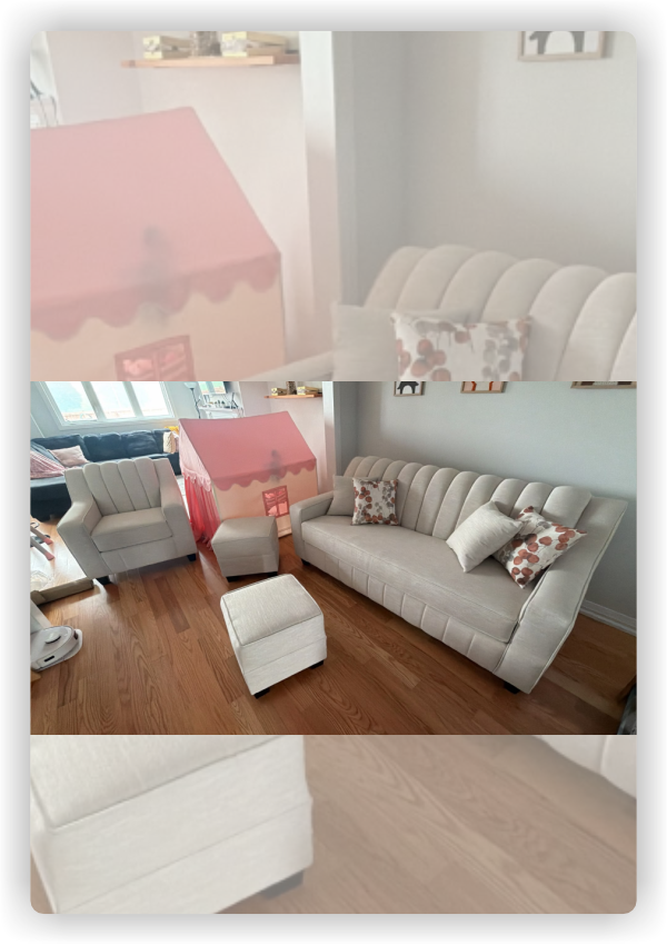 Customer living room featuring a custom cream sofa, matching accent chair, ottomans, and decorative pillows, showcasing Sarah M., Verified Buyer Review from Midha's Furniture Gallery Ontario, serving Brampton, Mississauga, Scarborough, Cambridge, and London.