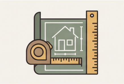 Illustration of a measuring tape, ruler, and home layout blueprint representing Tailored to Your Space by Midha's Furniture Gallery Ontario, serving Brampton, Mississauga, Scarborough, Cambridge, and London with custom furniture solutions.