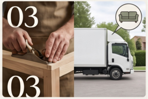 Craftsperson hand-finishing solid wood furniture beside a delivery truck, illustrating We Handcraft & Deliver at Midha's Furniture Gallery Ontario, serving Brampton, Mississauga, Scarborough, Cambridge, and London.