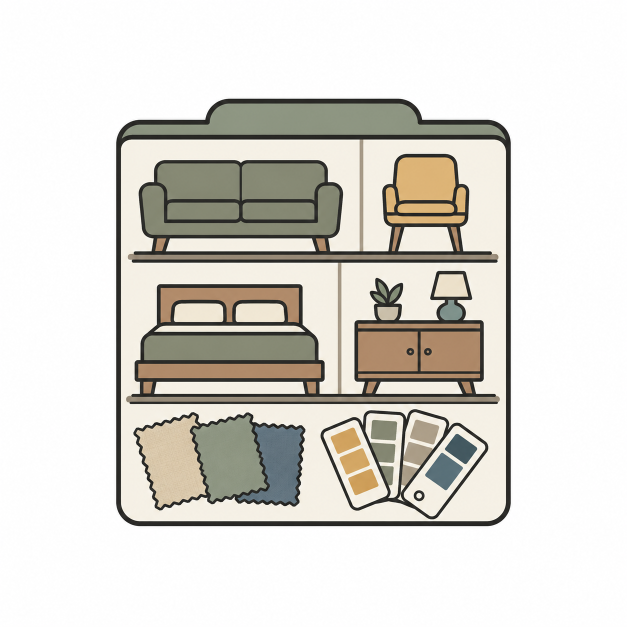 Illustration showcasing sofas, bedroom furniture, storage cabinets, fabric swatches, and colour samples representing Wide Selections at Midha's Furniture Gallery across Brampton, Mississauga, Scarborough, Cambridge, and London.