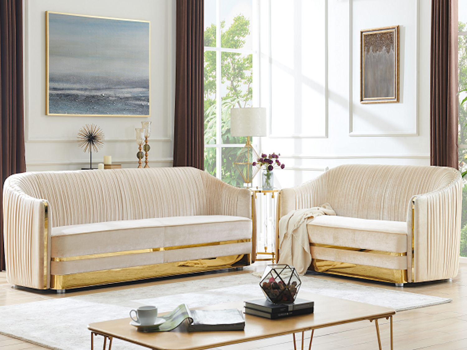 Beige Velvet Sofa Set W Golden Frame