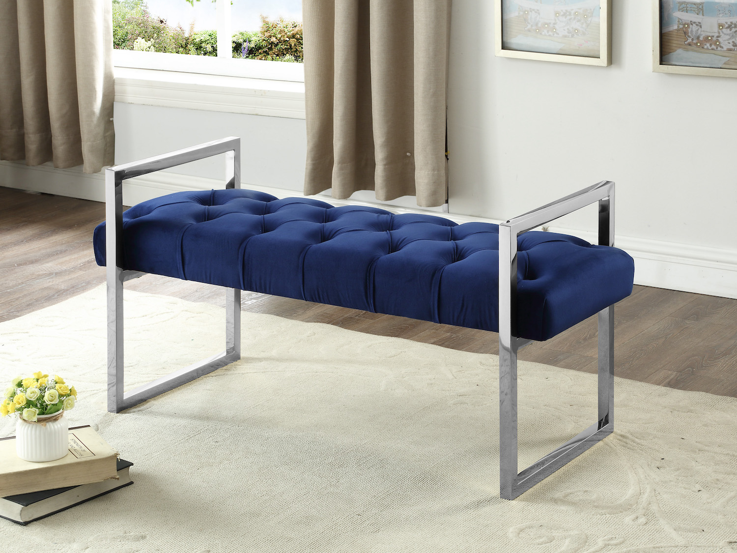 Blue Velvet Fabric Bench with Stainless Steel Legs