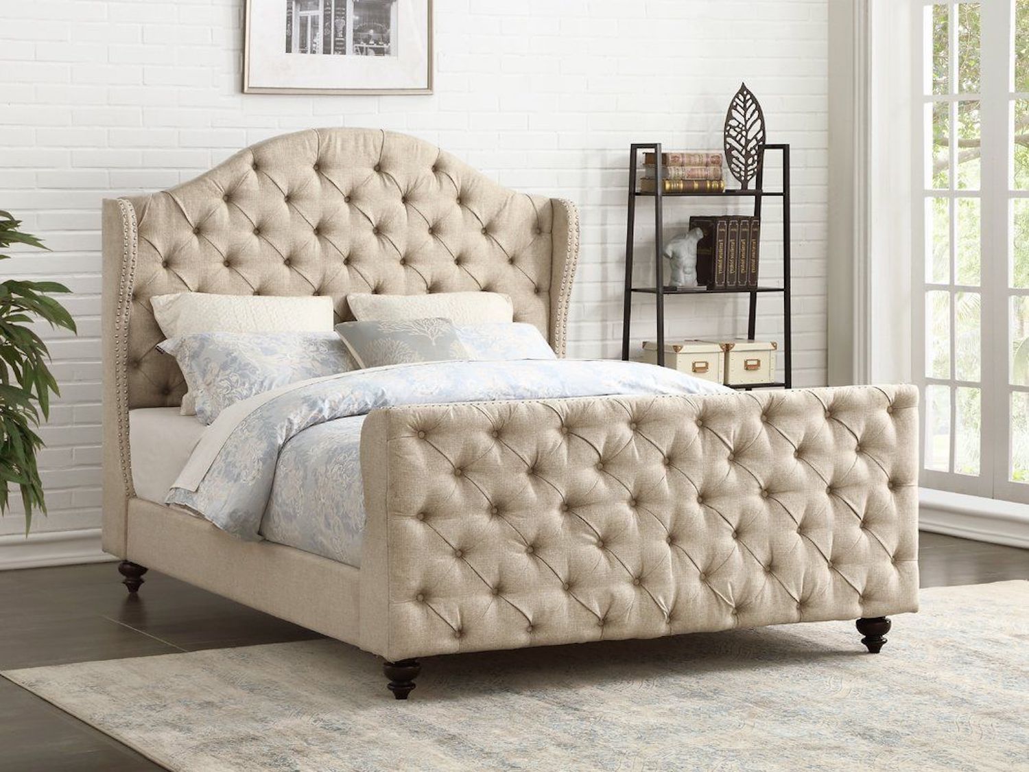 Designer Collection Beige Fabric Bed with Diamond Button Tufting