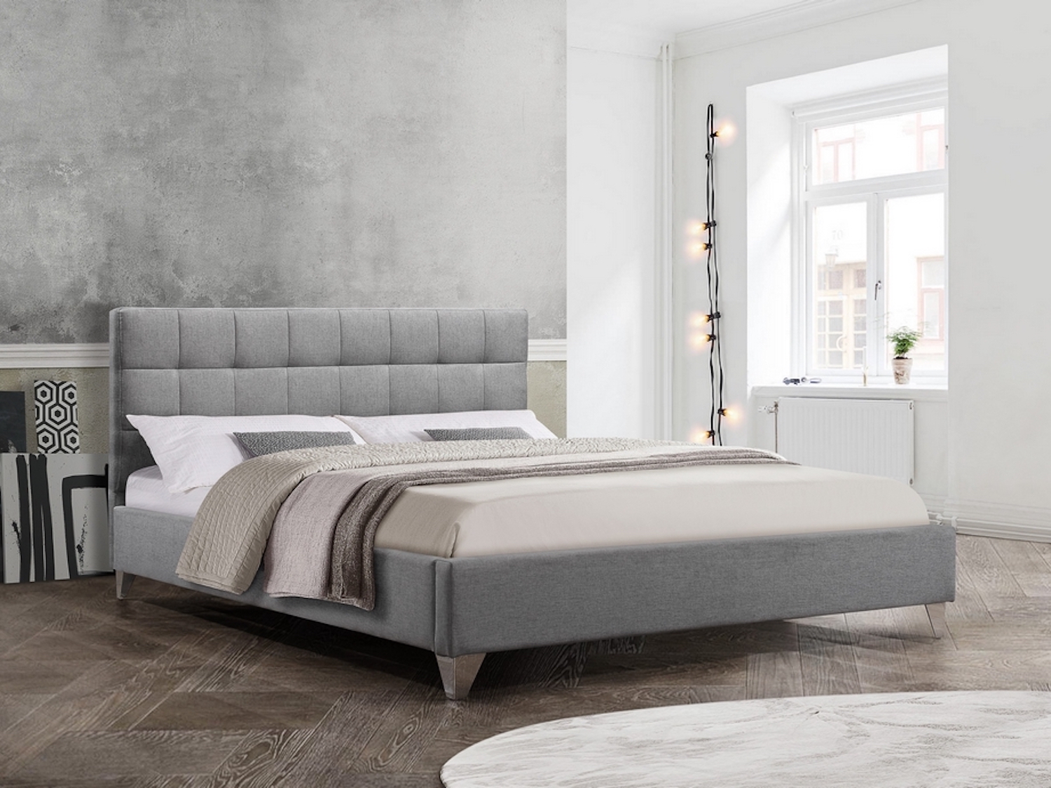 Grey Upholstered Bed with Chrome Legs (Full/Double) Size