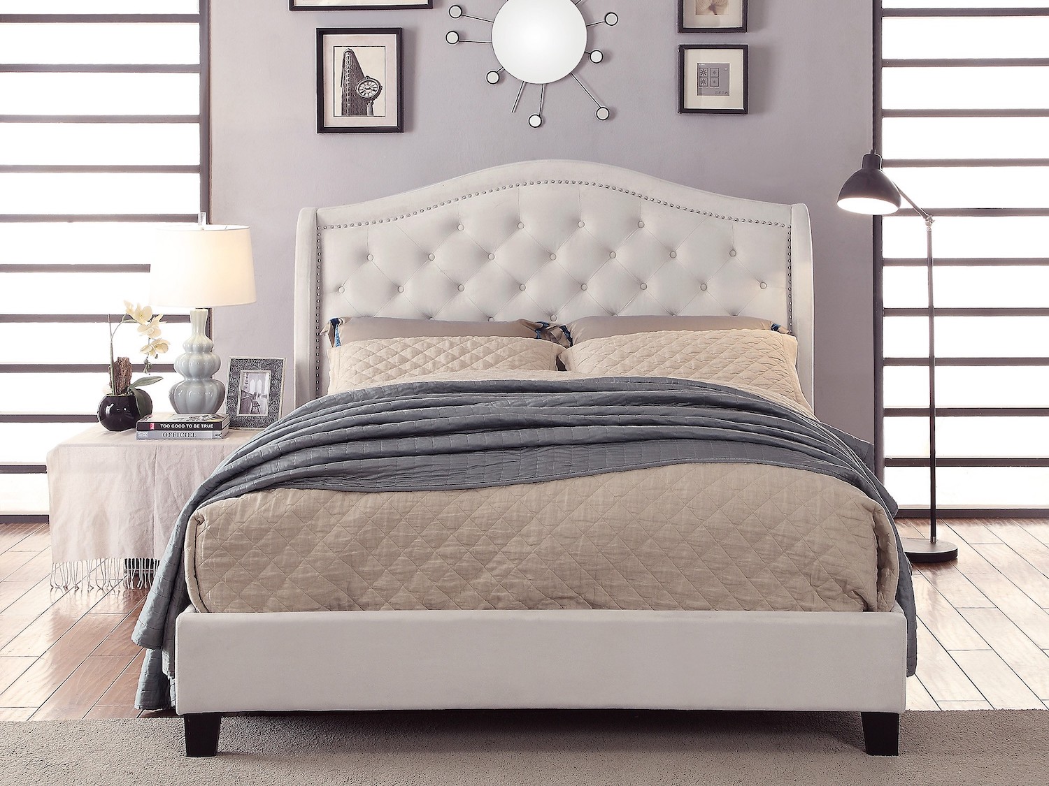 Louvre Queen Size Bed (Light) with Luxurious Velveteen Upholstery