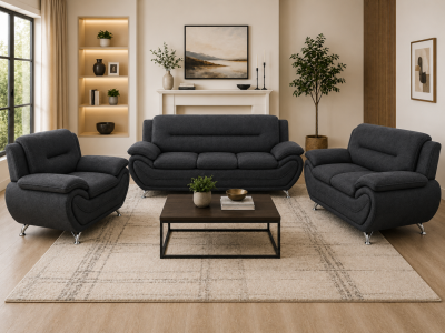 3 PC Speed Grey Fabric Sofa Set by Midha's Furniture Serving Brampton, Mississauga, Etobicoke, Toronto, Scraborough, Caledon, Cambridge, Oakville, Markham, Ajax, Pickering, Oshawa, Richmondhill, Kitchener, Hamilton and GTA area