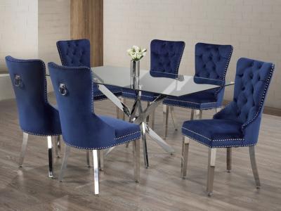 7 PC Tempered Glass Dining Set with Blue Velvet Chairs by Midha's Furniture Serving Brampton, Mississauga, Etobicoke, Toronto, Scraborough, Caledon, Cambridge, Oakville, Markham, Ajax, Pickering, Oshawa, Richmondhill, Kitchener, Hamilton and GTA area
