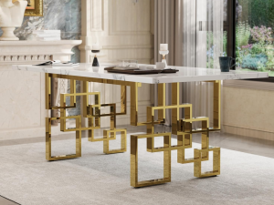 Upgrade your dining space with a cultured marble dining set! Includes a table and 4 velvet-upholstered stainless steel chairs. Expandable seating available.