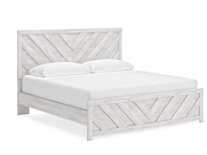 Bring rustic charm to your bedroom with the Ashley Cayboni Queen Panel Bed B3788. Featuring a whitewash finish, chic chevron headboard and footboard, and durable engineered wood construction, this bed blends vintage character with modern farmhouse style.