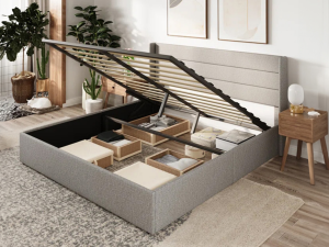 Discover our modern lift-top storage platform bed with sleek panel tufting, hidden storage, and a plush headboard. Perfect blend of style and functionality. No box spring needed!