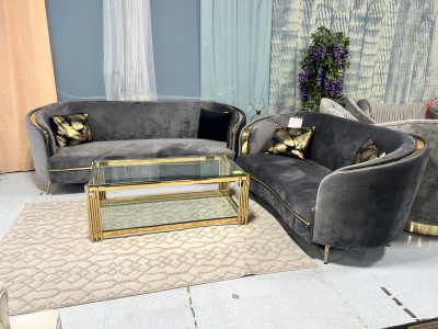 Grey Velvet Sofa + Love Seat with Gold accents by Midha's Furniture Serving Brampton, Mississauga, Etobicoke, Toronto, Scraborough, Caledon, Cambridge, Oakville, Markham, Ajax, Pickering, Oshawa, Richmondhill, Kitchener, Hamilton and GTA area