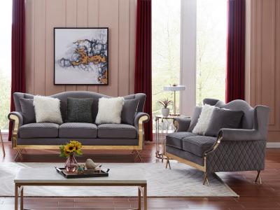 Grey Velvet Sofa Set W/Gold Base by Midha's Furniture Serving Brampton, Mississauga, Etobicoke, Toronto, Scraborough, Caledon, Cambridge, Oakville, Markham, Ajax, Pickering, Oshawa, Richmondhill, Kitchener, Hamilton and GTA area