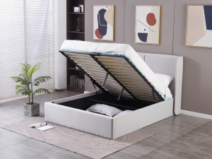 Shop the Kara Hydraulic Storage Bed in light grey or dark grey linen fabric. Features hydraulic lift-up storage, strong construction, and slat system (no box spring required). Perfect for modern homes & condos.