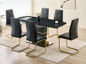 Shop the Luxor 7-Piece Modern Dining Set. Features an extendable white faux marble top, 6 premium white faux leather chairs, and a glamorous gold metal base. Perfect for 6-8 guests.