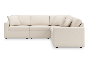 Experience modern comfort with the Modmax 5‑Piece Sectional (SKU 92103S6) in Oyster. Featuring Next‑Gen Nuvella™ performance fabric, modular design, removable zippered covers, reversible cushions, and a sturdy corner‑blocked frame—perfect for family living and easy maintenance. Dimensions: 107