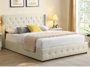 Discover the Queen Hydraulic Storage Bed – a modern upholstered platform bed with hidden storage, button-tufted headboard, and no box spring needed. Available in Queen & Double/Full sizes
