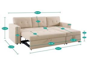 Shop the Model 721 Reversible Sofa Bed Sectional in beige or grey linen fabric. Features a reversible storage chaise, pull-out sleeper bed, and USB port — perfect for condos, apartments, and small living spaces.