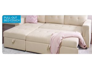 Shop the Model 721 Reversible Sofa Bed Sectional in beige or grey linen fabric. Features a reversible storage chaise, pull-out sleeper bed, and USB port — perfect for condos, apartments, and small living spaces.